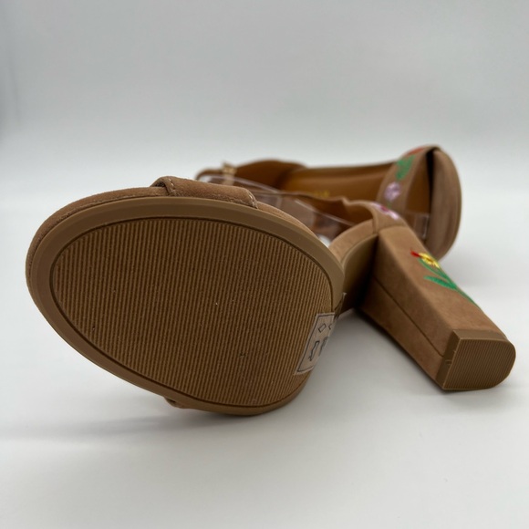 Shoe Republic LA Heeled Sandals Sz 8 Tan Floral Embroidered Ankle Strap - Picture 9 of 16